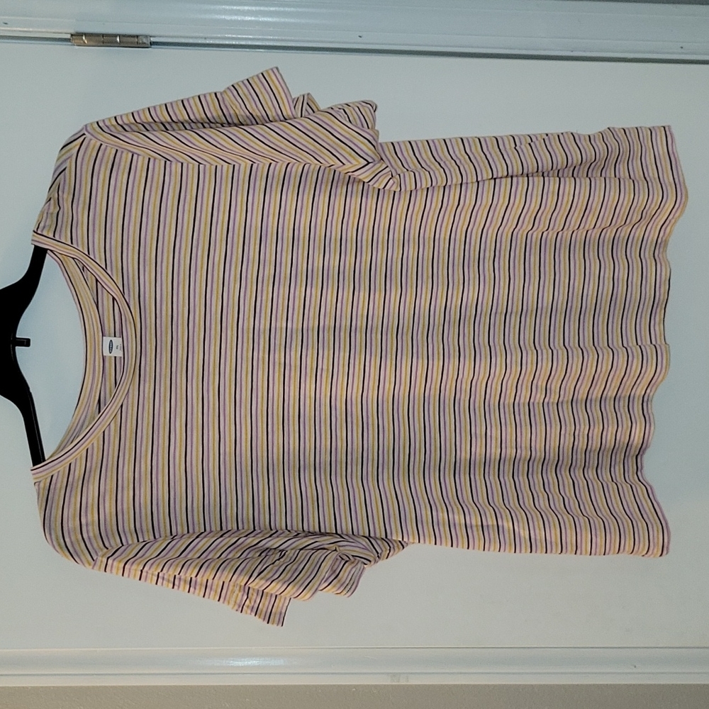 Old Navy Short Flutter Sleeve Shirt, XXL, Maroon/Lavender/Yello Stripes